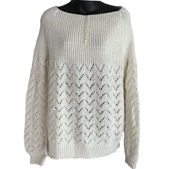 Pearl Detail Granny Core Hand Knit Chunky Cable Ribbed Sweater Ivory Women’s L - Picture 1 of 8